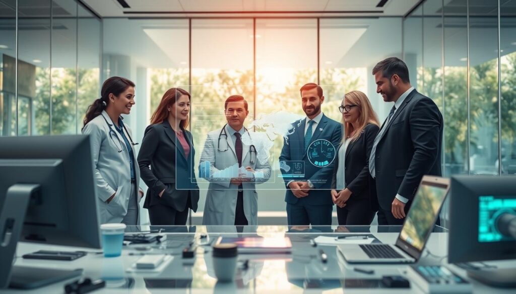 A futuristic healthcare environment showcasing digital innovation in medicine. In the foreground, a diverse group of professionals in smart business attire collaborate around a holographic interface displaying 3D medical data and AI analytics. In the middle ground, advanced medical equipment and sleek computers signify high-tech solutions in diagnostics and patient care. The background features a glass-walled hospital or clinic, symbolizing transparency and modernity, with greenery visible outside, promoting a healing environment. Soft, ambient lighting creates a warm atmosphere, enhancing the feeling of innovation and hope for the future of health. The angle should emphasize the interaction and teamwork among the professionals, capturing the essence of collaboration in revolutionizing healthcare through digital innovation and AI.