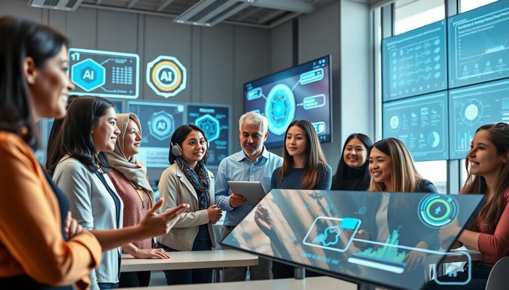 A modern classroom setting illustrating artificial intelligence in personalized education. In the foreground, a diverse group of students, all in professional or modest casual clothing, engages with interactive digital displays showcasing AI-driven educational tools. They appear curious and focused. In the middle ground, a teacher guides the students, using a tablet to track their progress, emphasizing collaboration. The background features futuristic elements like holographic charts and AI algorithms visually represented on screens. Soft, natural lighting filters through large windows, creating an inspiring atmosphere. A wide-angle perspective captures the dynamic interaction between students and technology, conveying the transformative power of AI in education.