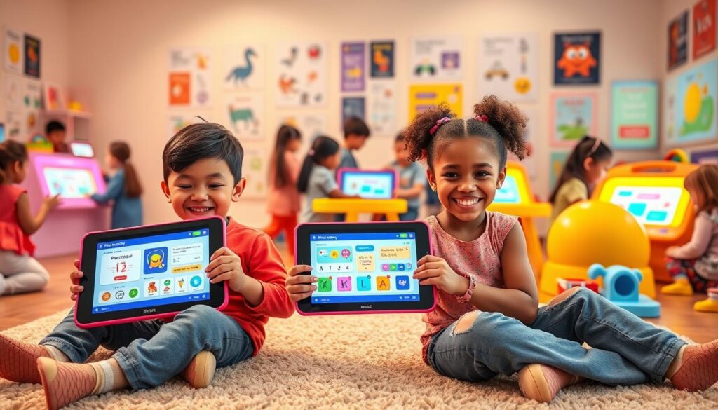 A vibrant and engaging depiction of the Khan Academy Kids application, showcasing a diverse group of children joyfully interacting with colorful digital devices. In the foreground, a boy and a girl, both around six years old, are seated on a soft rug, each holding a tablet displaying the application interface filled with fun educational games and activities. In the middle ground, other children are gathered around playful learning stations featuring interactive screens and books, surrounded by bright, cheerful illustrations and educational toys. The background is filled with soft, pastel-colored walls adorned with kid-friendly educational posters. The lighting is warm and inviting, creating a friendly atmosphere. The overall mood is energetic and inspiring, emphasizing the joy of learning through technology.