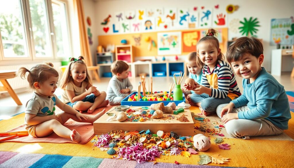 A vibrant and engaging scene showcasing children engaged in creative sensory activities. In the foreground, a diverse group of children, aged 4-7, are sitting on a colorful mat, joyfully exploring various art supplies like paints, clay, and textured materials. One child is painting with bright colors, while another shapes clay into playful figures. In the middle, a well-organized table filled with art tools and sensory objects, surrounded by an array of colorful tactile experiences such as glitter, paper, and natural items like leaves and flowers. The background features a bright, cheerful classroom decorated with children's artwork. Soft, warm lighting floods in through large windows, creating an inviting atmosphere that encourages creativity and exploration. Capture this scene with a slight overhead angle to emphasize the joy and interaction among the children.