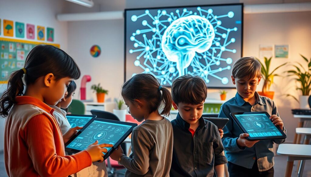 A vibrant scene depicting the development of memory through artificial intelligence. In the foreground, a diverse group of children, aged 6 to 10, interact with an engaging, futuristic educational game on tablets. They are dressed in casual, professional attire, focused on their tasks. In the middle ground, a large digital screen illustrates neural networks and memory pathways, pulsing with light, representing AI processing. The background features a bright, modern classroom with colorful educational posters and plants, creating a nurturing learning environment. Soft, warm lighting fills the space, casting gentle shadows, while the atmosphere conveys curiosity and excitement about learning. The overall composition is dynamic, emphasizing the synergy between children and technology.