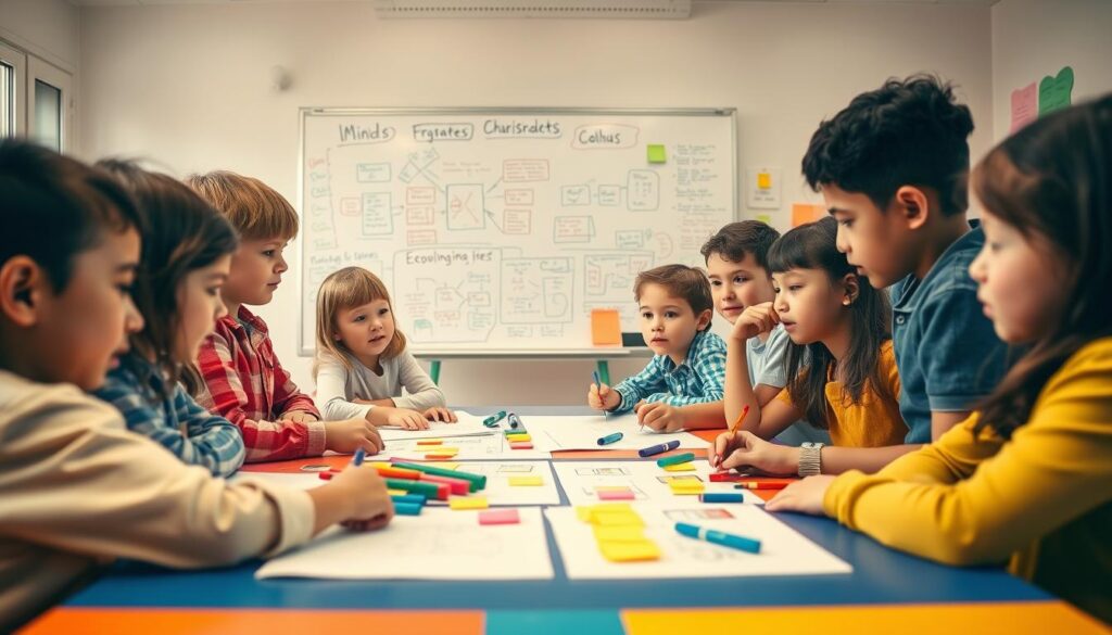 A vibrant scene showcasing children engaging in various information organization techniques. In the foreground, a diverse group of children, ages 7-10, are sitting at a colorful table, surrounded by sticky notes, markers, and large sheets of paper. They are dressed in casual but neat clothing, deep in thought as they create mind maps and charts. The middle ground features a large whiteboard filled with drawings and organized notes, illustrating brainstorming sessions. The background captures a bright, cheerful classroom with large windows letting in natural light, creating an inviting and stimulating atmosphere. The composition should have dynamic angles, emphasizing the children's collaborative spirit and creativity, with warm, soft lighting enhancing the overall mood of inspiration and focus.