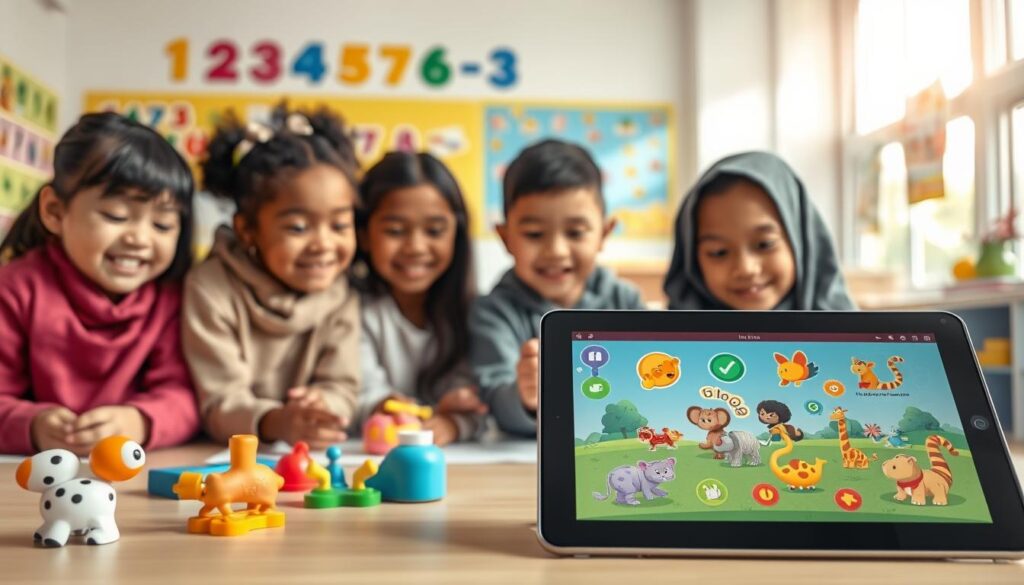 A vibrant scene showcasing various AI educational applications designed for young children. In the foreground, a tablet displays interactive apps featuring colorful animals and engaging puzzles, with animated characters that stimulate learning. In the middle ground, children of diverse backgrounds, dressed in casual but modest clothing, joyfully interact with the tablet and colorful educational toys, promoting collaboration and curiosity. The background features a cheerful, brightly lit classroom filled with posters of numbers, letters, and playful art. Soft, warm lighting enhances the inviting atmosphere, with sunlight filtering through large windows. The overall mood is joyful, inspiring a sense of exploration and discovery in a nurturing environment conducive to early learning.